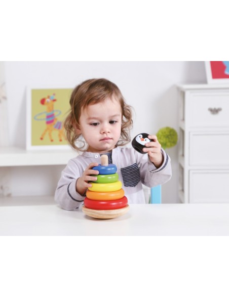 IMAGINOVO - Jeu enfant tour pingouin formes empilables bois +12 mois 7 pieces 18x12x12 cm | La Boite de Magie Nice