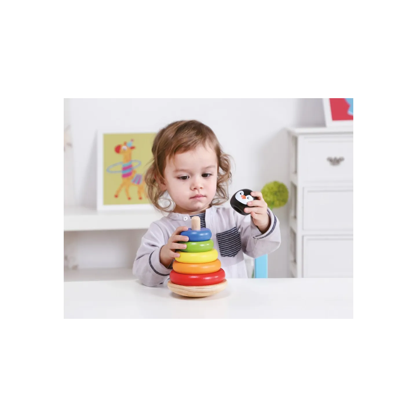 IMAGINOVO - Jeu enfant tour pingouin formes empilables bois +12 mois 7 pieces 18x12x12 cm | La Boite de Magie Nice