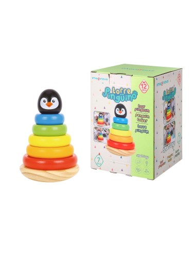 IMAGINOVO - Jeu enfant tour pingouin formes empilables bois +12 mois 7 pieces 18x12x12 cm