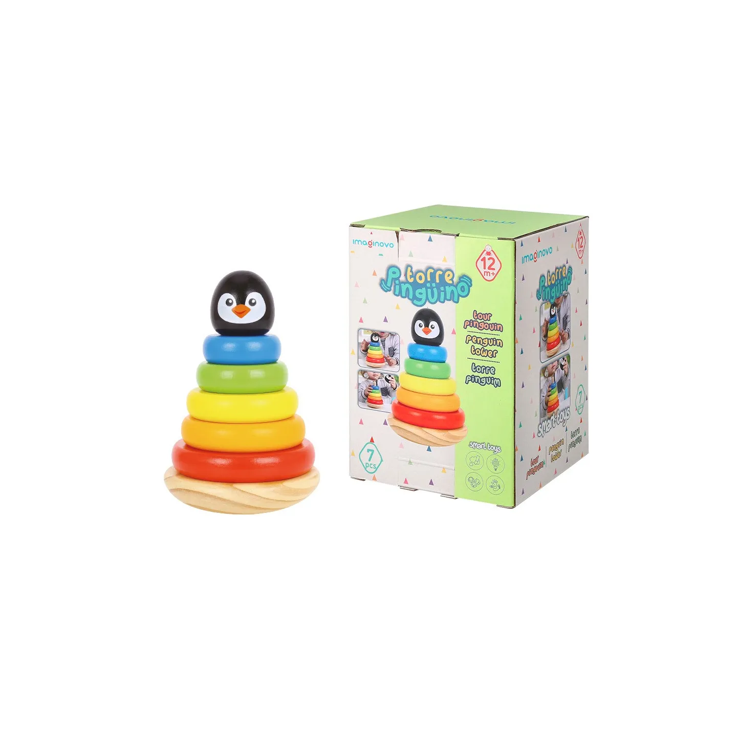 IMAGINOVO - Jeu enfant tour pingouin formes empilables bois +12 mois 7 pieces 18x12x12 cm