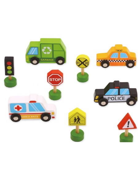 IMAGINOVO - Jeu enfant vehicules et panneaux signalisation bois +3 ans 16 pieces 30x22x4 cm pas cher| La Boite de Magie Nice
