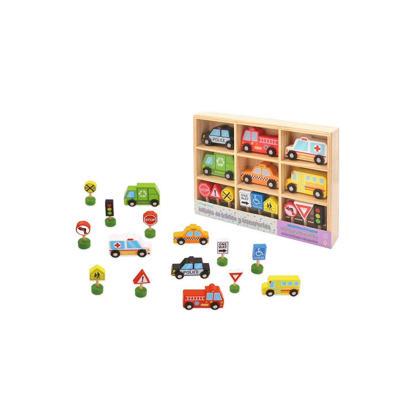 IMAGINOVO - Jeu enfant vehicules et panneaux signalisation bois