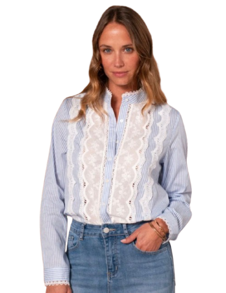 BAHE - Chemise broderie bleu rayé
