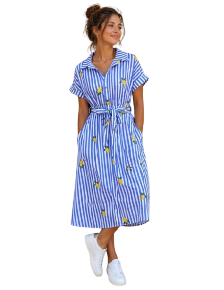 BAHE - Robe citron rayé bleu