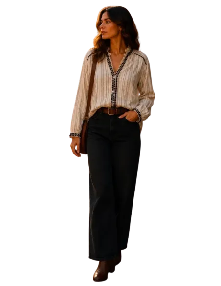 BAHE - Chemise beige imprimé noir